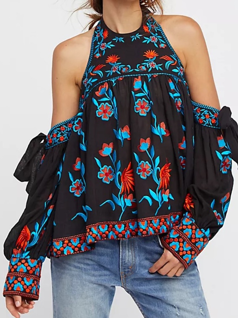 Free People Jasmine Blooms Embroidered Boho Hippie Off Shoulder Top Small